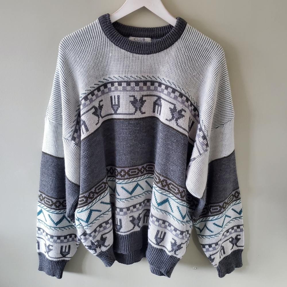 Tip Top XL 90s Aztec Eclectic Grandpa Cabincore Oversized Knit Sweater - Picture 2 of 12